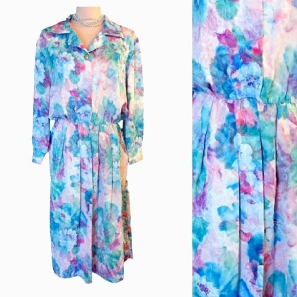 VTG 80s Colorful Floral Satin Long Sleeve Midi Dress Size 16P *fits like Medium - Picture 1 of 13